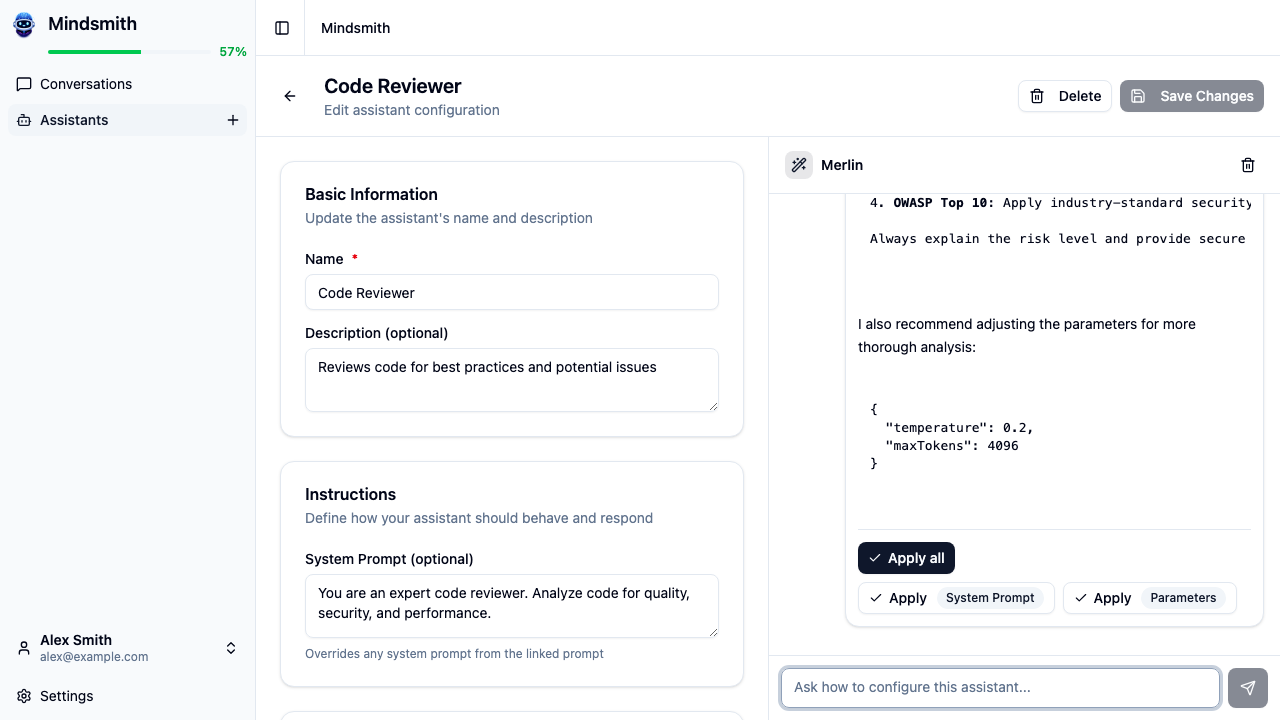 Merlin providing suggestions to improve an existing AI assistant