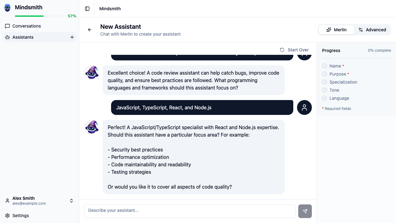Merlin wizard helping create a new AI assistant through conversation
