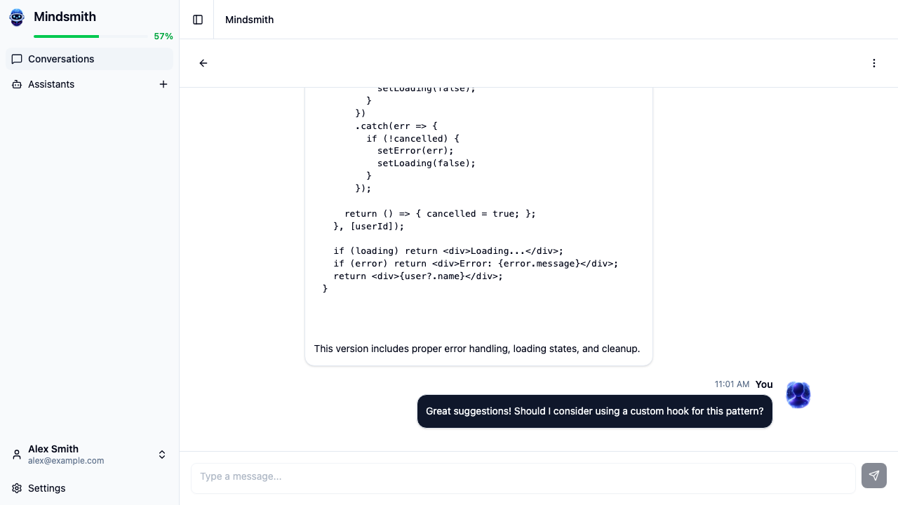 Active conversation with an AI assistant showing code assistance